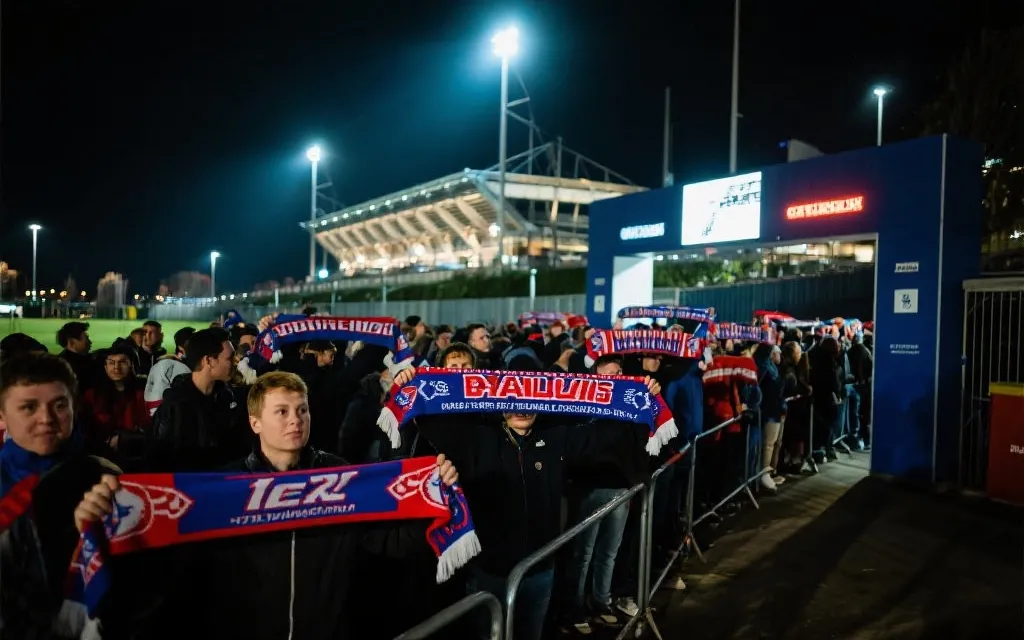 夜晚的球场外人潮与灯光，球迷举着围巾准备入场，纪实摄影感