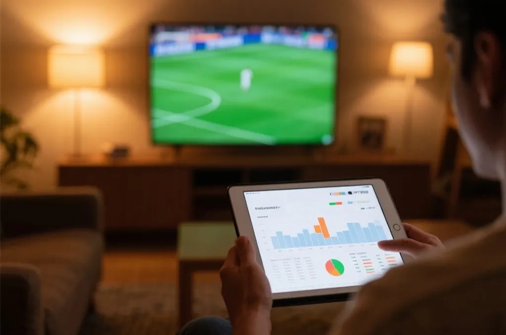 一个人在平板电脑上分析体育数据,背景是电视上播放的足球比赛,温馨居家灯光